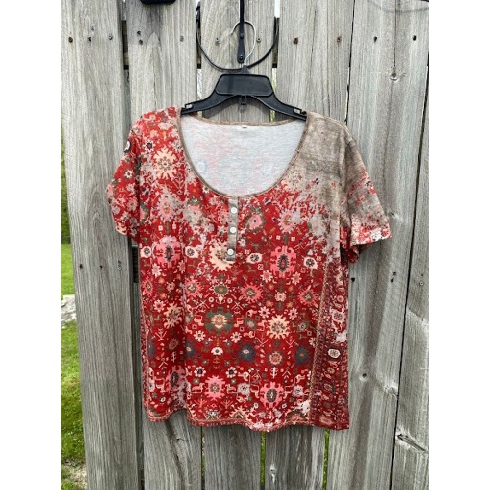 Womens Red Bohemian Tapestry Print Short Sleeve Henley Top XL Boho Artsy